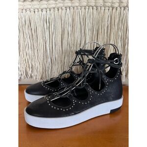 Crime London Black Leather Silver Stud Ankle Wrap Platform Sneakerina Size 9